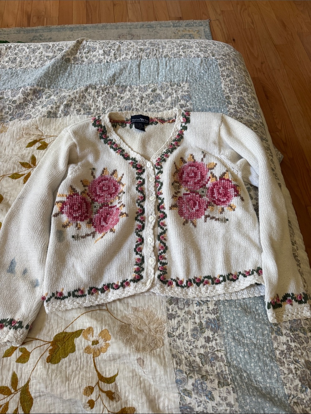 Cream Knit Cardigan with Pink Rose Embroidery